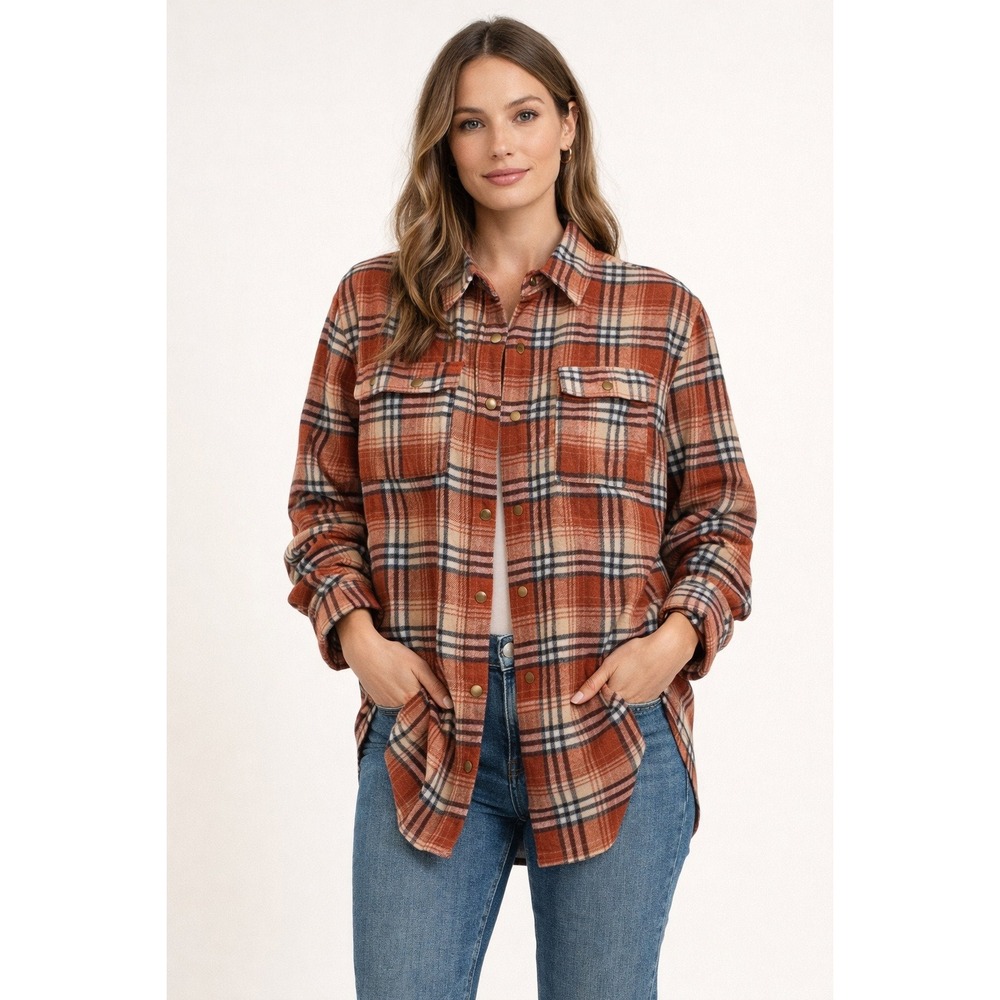 Ninexis Shacket Women Medium Maple Orange Plaid Snap‎ Button Fade in Flannel